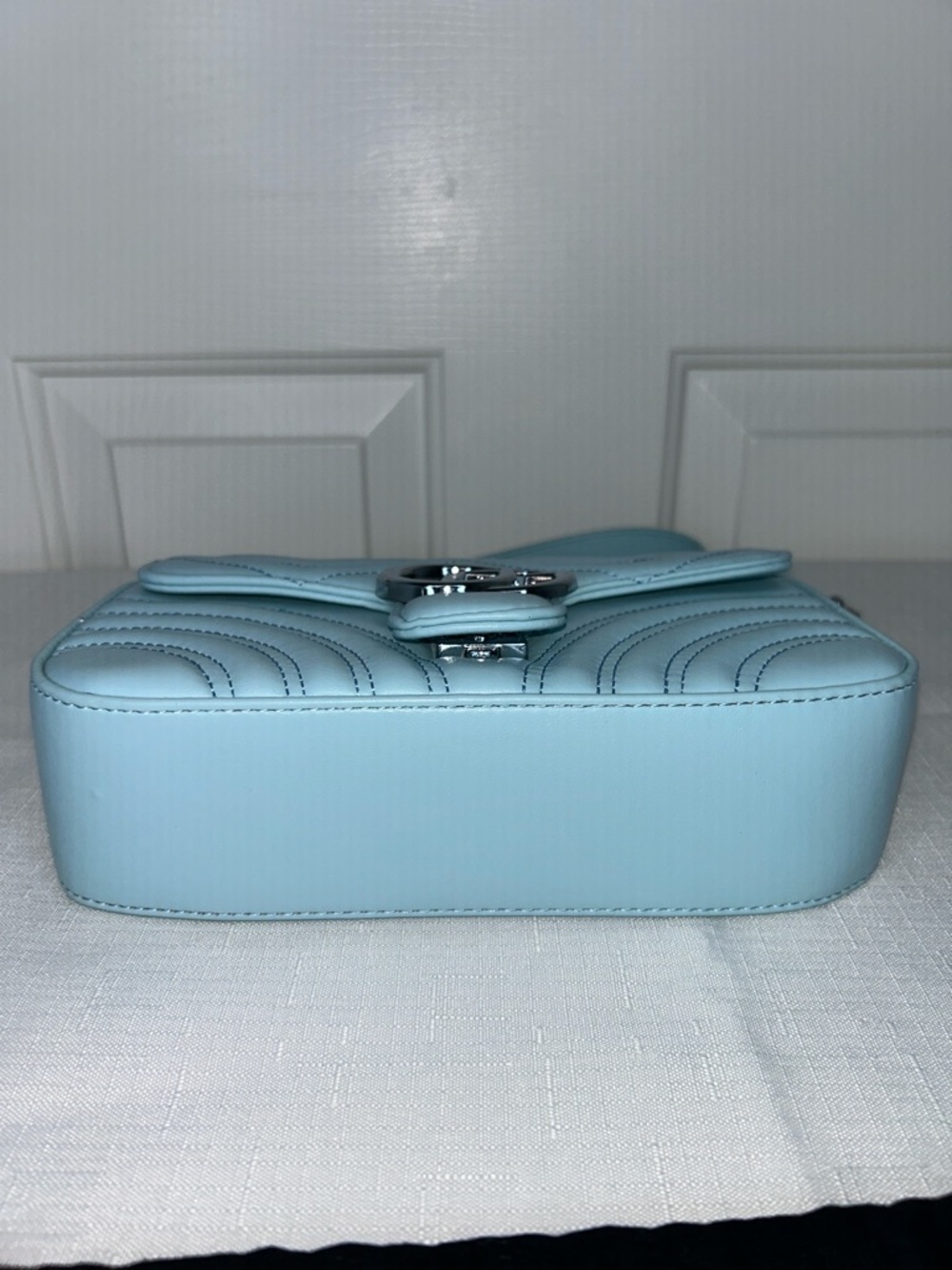 Light Blue Chevron Quilted Shoulder Bag with Silver Hardware and Dust Bag - Picture 5 of 13